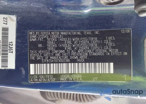 2007 Toyota Tundra Sr5 4.7L V8 from USA, damaged, VIN 5TFBT541X7X002386